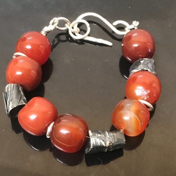 Barrel Carnelian Chunky Bracelet Sterling Silver Tribal Rustic Primitive 925 - Picture 1 of 6